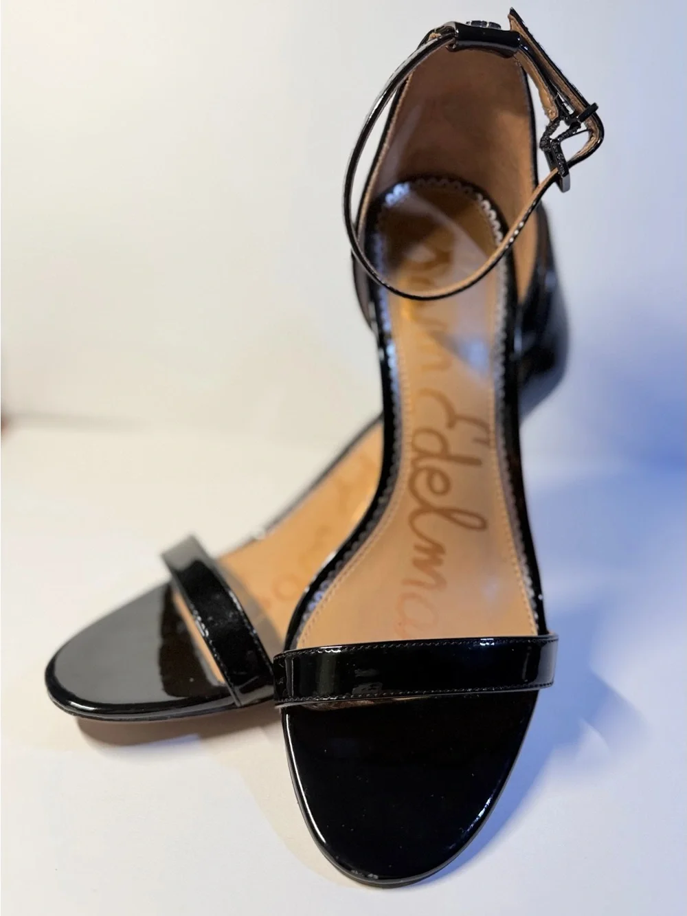SAM EDELMAN Patti Black Patent Ankle Strap Heels, Gently worn. Size 7.